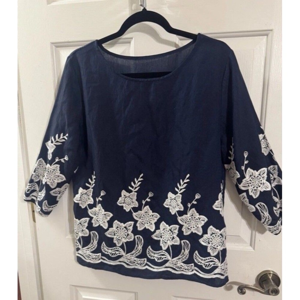NAVY BLUE WITH WHITE EMBROIDERY BLOUSE-"LINEN LOOK" 3/4 SLEEVES Classic Tailor